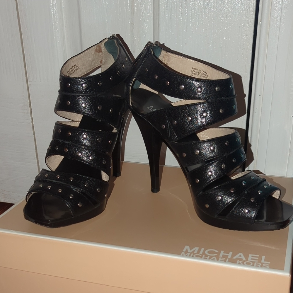 Michael Kors Black Leather Studded Astor Sandal Heels - Women's Size 7